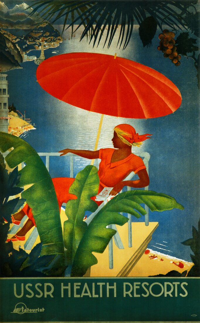 USSR Health Resorts (red parasol) — Intourist poster, 1930/35