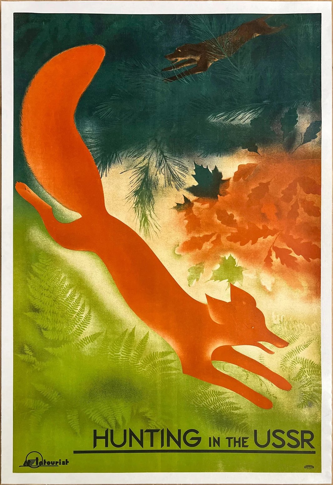 Hunting in the USSR — Intourist poster with a leaping red fox and a hound, linen-backed, c. 1935