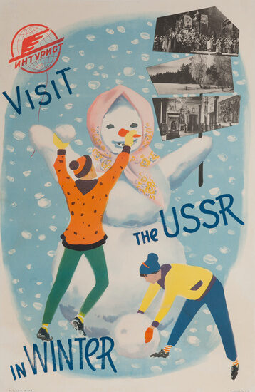 Visit the USSR in Winter (snowman) — Intourist poster, 1958
