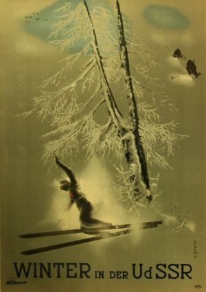 Winter in der UdSSR (skiers) — Intourist poster, 1935